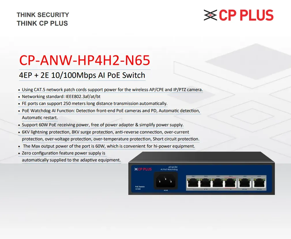CPPLUS CP-ANW-HP4H2-N65 MEGABIT 4 PORT POE SWITCH